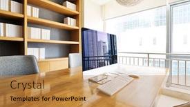  Presentation with meeting - Audience pleasing PPT theme consisting of interior-of-modern-meeting-room backdrop and a gold colored foreground