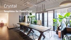  Presentation with company - Presentation theme consisting of interior-of-modern-meeting-room background and a gray colored foreground