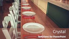  Presentation with tableware - PPT theme with interior of modern restaurant with table chairs and tableware background and a coral colored foreground