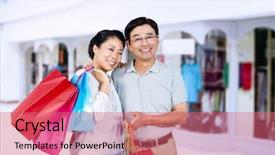  Presentation with older couple - Presentation design with interior of modern shopping mall background and a coral colored foreground
