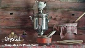  Presentation with traditional wood - Presentation theme featuring interior of museum of traditional russian wood hut with samovar background and a tawny brown colored foreground