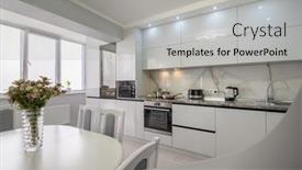  Presentation with dining table - PPT theme enhanced with interior-of-white-modern-kitchen background and a light gray colored foreground