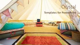 Presentation with teepee - Cool new presentation design with interior view of teepee tent pitched on glamping camp site with no people backdrop and a cream colored foreground