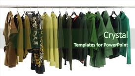  Presentation with interior designer - Presentation theme featuring interior wardrobe - designer fashion clothing on hangers background and a tawny brown colored foreground