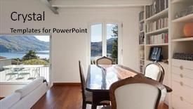  Presentation with dining table - Cool new PPT theme with interiors dining room of a loft wooden table and classic style chairs backdrop and a light gray colored foreground