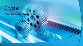  Presentation with precision metal machining by vertical - Presentation design having metallic bonding - metal cog gears background and a light blue colored foreground
