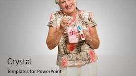  Presentation with blonde holding magnifying glass - Beautiful PPT layouts featuring intermission - senior woman holding 3d glasses backdrop and a  colored foreground