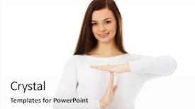  Presentation with time - Theme consisting of intermission - young smiling woman showing time background and a  colored foreground