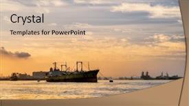  Presentation with port - Colorful slides enhanced with internacional comerce - freighter anchored in morning backdrop and a soft green colored foreground
