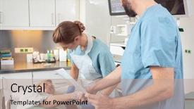  Presentation with treatment - Slide set consisting of internal medicine - doctor greeting patient before starting background and a coral colored foreground