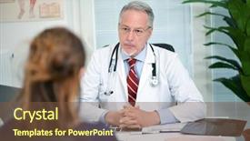  Presentation with listening - Presentation design enhanced with internal medicine - senior doctor listening background and a tawny brown colored foreground