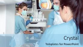  Presentation with endoscopy - Presentation theme with internal medicine - team of doctors in hospital background and a light blue colored foreground