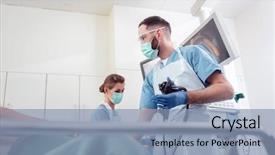  Presentation with stomach - Slide deck enhanced with internal medicine - team of doctors performing endoscopy background and a light blue colored foreground