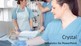  Presentation with endoscopy - Slide set featuring internal medicine - team of nurses and doctors background and a light blue colored foreground