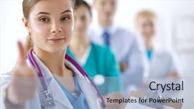  Presentation with female doctor - Presentation theme consisting of internal medicine - young happy female doctor showing background and a light blue colored foreground