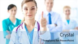  Presentation with female doctor - Presentation theme enhanced with internal medicine - young happy female doctor showing background and a light blue colored foreground