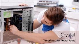  Presentation with multimedia service center - Colorful slides enhanced with internal parts in service center backdrop and a  colored foreground