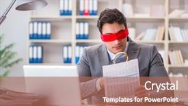  Presentation with office desk reception - Audience pleasing slide set consisting of internal review - blindfold businessman sitting at desk backdrop and a  colored foreground