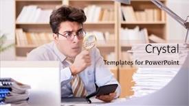  Presentation with refractive errors - Amazing PPT theme having internal review - mad auditor looking for errors backdrop and a coral colored foreground