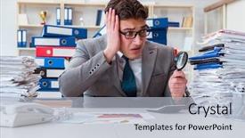  Presentation with review - Presentation theme with internal review - male businessman with magnifying glass background and a light blue colored foreground