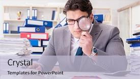  Presentation with review - Colorful presentation design enhanced with internal review - male businessman with magnifying glass backdrop and a light blue colored foreground