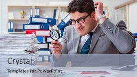  Presentation with review - Audience pleasing theme consisting of internal review - male businessman with magnifying glass backdrop and a light blue colored foreground