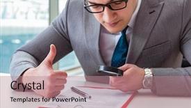  Presentation with refractive errors - Presentation design featuring internal review - man looking for errors background and a coral colored foreground