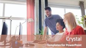  Presentation with team organisation chart - Slide deck enhanced with internation designers - happy creative team with computer background and a coral colored foreground