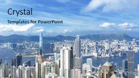  Presentation with hong kong - Beautiful PPT theme featuring internation financial centers - hong kong view from peak backdrop and a light blue colored foreground