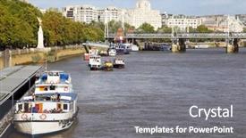  Presentation with ship - Presentation design featuring internation financial institutions - touristic ship on thames london background and a  colored foreground
