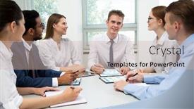  Presentation with international business - Presentation theme featuring international-business-team-discuss background and a soft green colored foreground