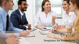  Presentation with international business - Slide deck with international-business-team-discuss background and a coral colored foreground