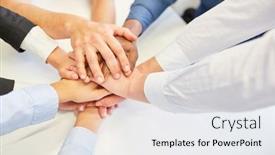  Presentation with international business - Slide deck featuring international-business-team-stacks-hands background and a white colored foreground