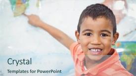  Presentation with international student - PPT theme consisting of international children - student pointing to a map background and a sky blue colored foreground