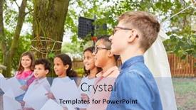  Presentation with summer camp show - Beautiful presentation theme featuring international-children-s-choir backdrop and a light blue colored foreground