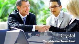  Presentation with international business - Amazing PPT theme having international communication - business people shaking hands finishing backdrop and a ocean colored foreground