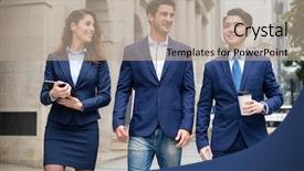  Presentation with walking - Beautiful theme featuring international communication - business team walking outside office backdrop and a coral colored foreground