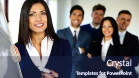  Presentation with team - PPT layouts featuring international communication - smiling business team with flip background and a navy blue colored foreground