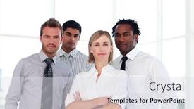  Presentation with international business - Theme having international confident business team looking at the camera background and a sky blue colored foreground