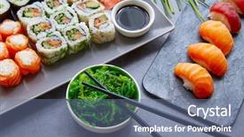  Presentation with soy sauce - Slide deck having international cuisine - sushi maki and niguiri california background and a ocean colored foreground