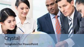  Presentation with international business - Audience pleasing slide set consisting of international development - business people in strategy meeting backdrop and a teal colored foreground