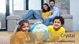  Presentation with children parents - Beautiful slide deck featuring international education - children holding globe on carpet backdrop and a yellow colored foreground