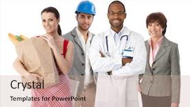  Presentation with diverse people - Slide set enhanced with international engineering - small group of happy people background and a coral colored foreground