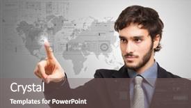  Presentation with touch screen - Slides enhanced with international finance - businessman using a touch screen background and a gray colored foreground