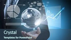  Presentation with finance - PPT theme featuring international finance - businessman with financial symbols coming background and a ocean colored foreground