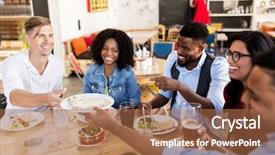  Presentation with international food - Colorful PPT theme enhanced with international friends eating at restaurant backdrop and a coral colored foreground