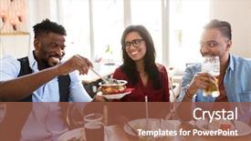  Presentation with international food - Colorful PPT theme enhanced with international friends eating at restaurant backdrop and a tawny brown colored foreground