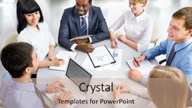  Presentation with small group working - Slides having international group of business people background and a coral colored foreground