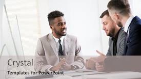  Presentation with international business - Colorful presentation design enhanced with international-group-of-business-people backdrop and a light gray colored foreground