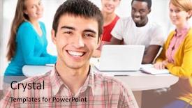  Presentation with group of students raising hands - PPT theme enhanced with international group of students studying background and a coral colored foreground